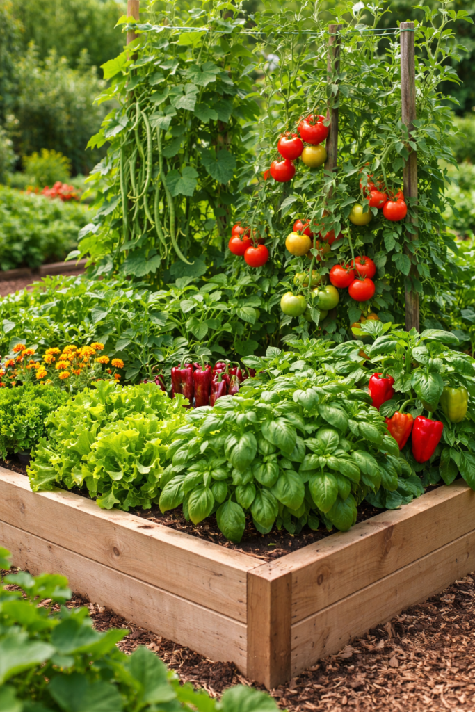 A productive raised garden bed design overflowing with tomatoes, herbs, and lettuce.

