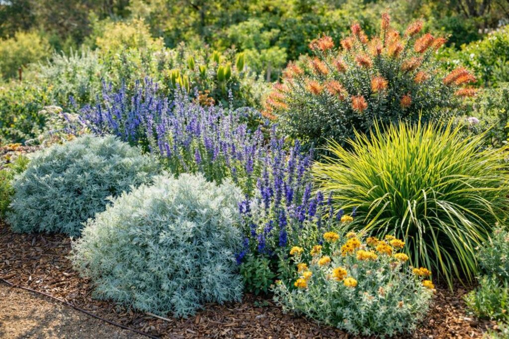 A lush and colourful drought tolerant garden design in Australia, featuring native and Mediterranean plants that thrive with minimal water.