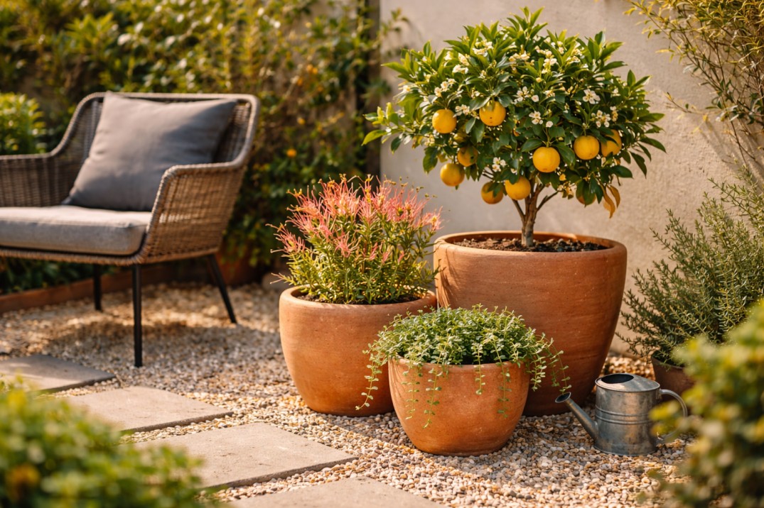 A curated collection of potted plants creating a lush potscape in a small backyard, showcasing brilliant small backyard gardening ideas Australia.