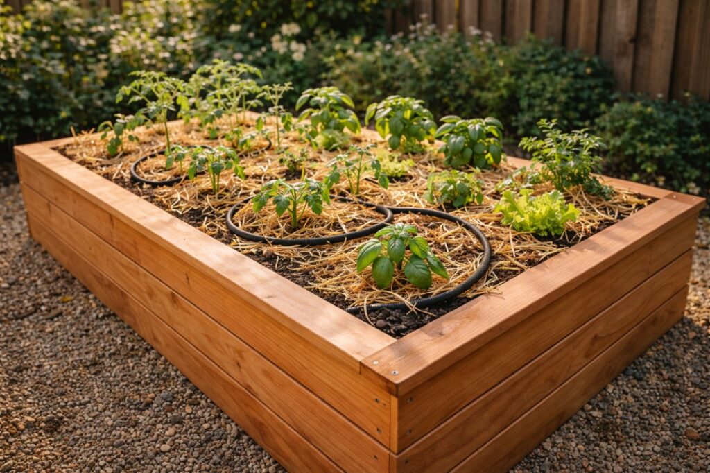 A lush, fully planted raised garden bed with vegetables and mulch, representing the successful finish of a raised garden beds Australia DIY project.