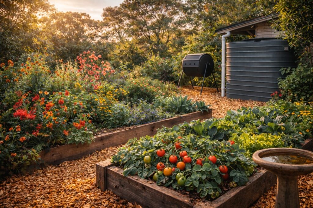 Sustainable Australian backyard garden at sunset
