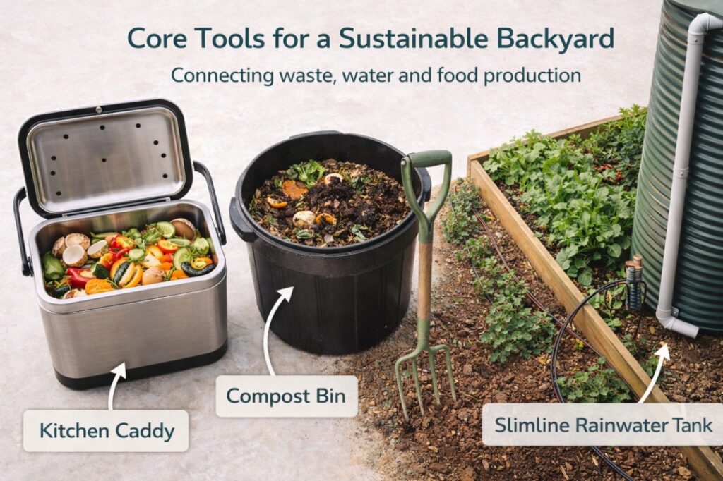The essential duo of eco friendly backyard projects: turning waste into soil with a compost system and harvesting rainwater for your garden.