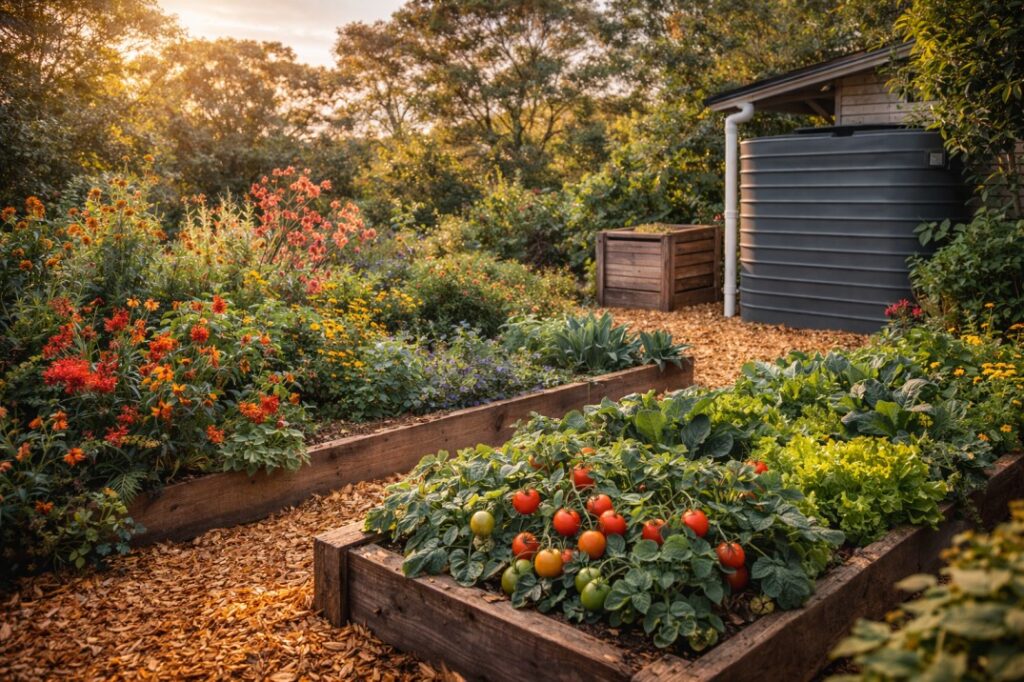 A thriving, lush sustainable gardening Australia backyard with native plants, a vegetable patch, a compost bin, and a rainwater tank, buzzing with bee and bird life.