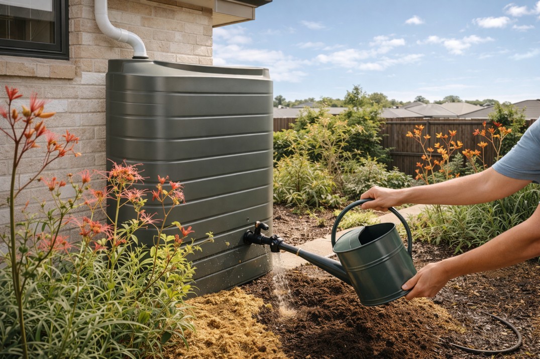A complete rainwater harvesting backyard Australia system with a slimline tank watering a lush native garden.