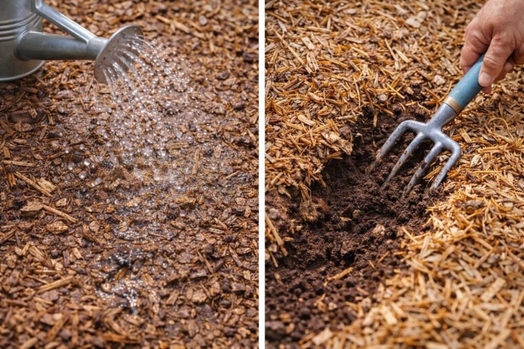 Identifying and solving a common mulch problem, as covered in a detailed garden mulch guide Australia: fixing hydrophobic, matted mulch that repels water.