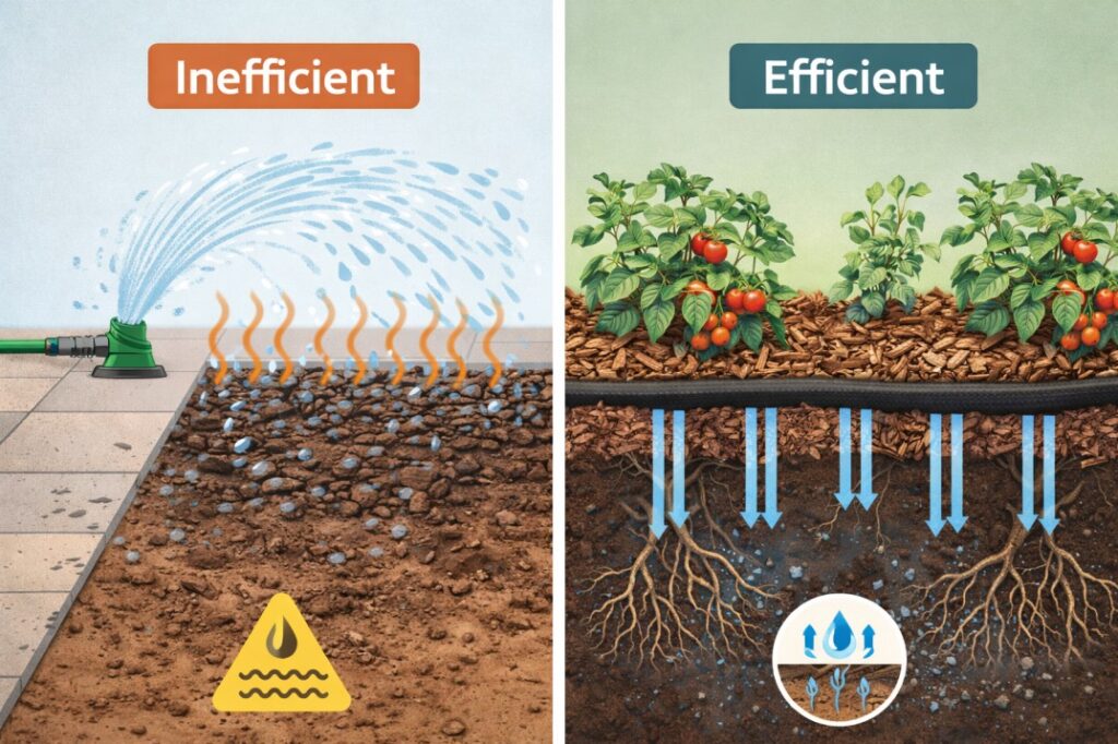 Comparison infographic showing deep watering with a soaker hose versus wasteful sprinkling, a core water saving tip backyard Australia.
