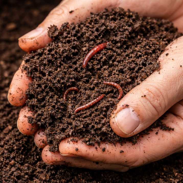 The black gold of Worm Farming Mastery: a close-up harvest of nutrient-rich worm castings for your garden.