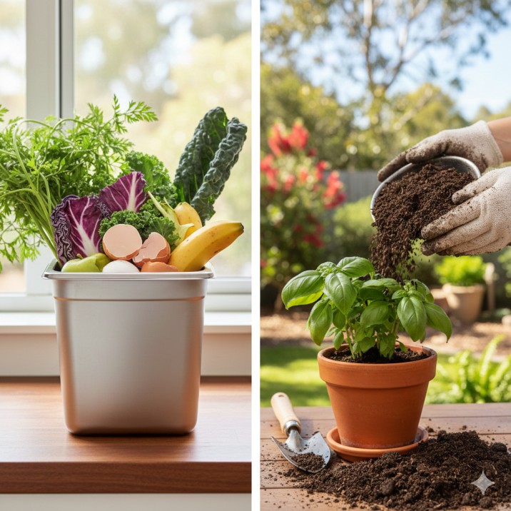 A beautiful, vibrant split-screen image. On the left side, a full, clean kitchen caddy brimming with colourful vegetable scraps (carrot tops, eggshells, lettuce leaves). On the right side, a gardener's hands sifting rich, dark, crumbly compost into a ceramic pot holding a thriving, green basil plant. The background is a soft-focus Australian backyard garden. The overall mood is satisfying, productive, and clean.