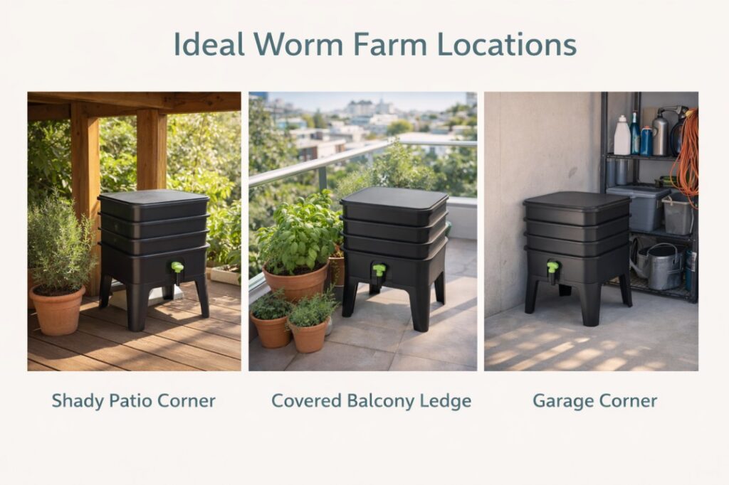 Finding the perfect sheltered spot is key to a successful worm farm for beginners Australia, protecting worms from extreme weather.