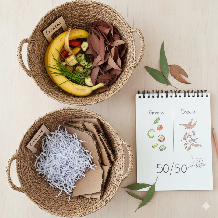 The simple greens and browns recipe for balanced composting at home Australia.