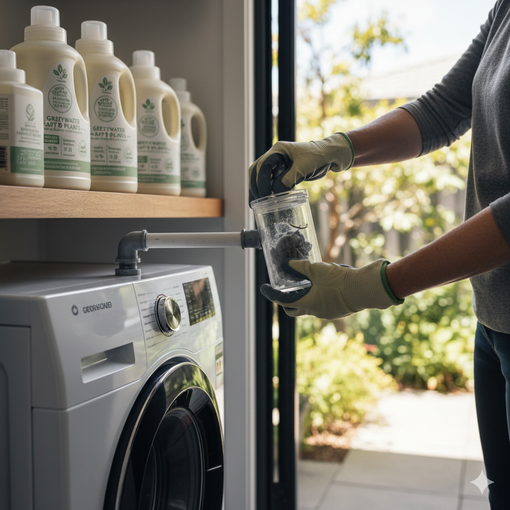 A responsible homeowner's hand performing maintenance on a greywater system for garden Australia.
