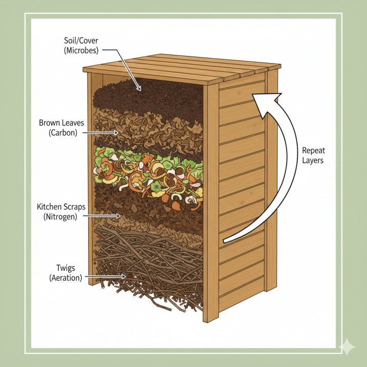 Follow the "lasagne" layering method for building a healthy pile when composting kitchen waste Australia.