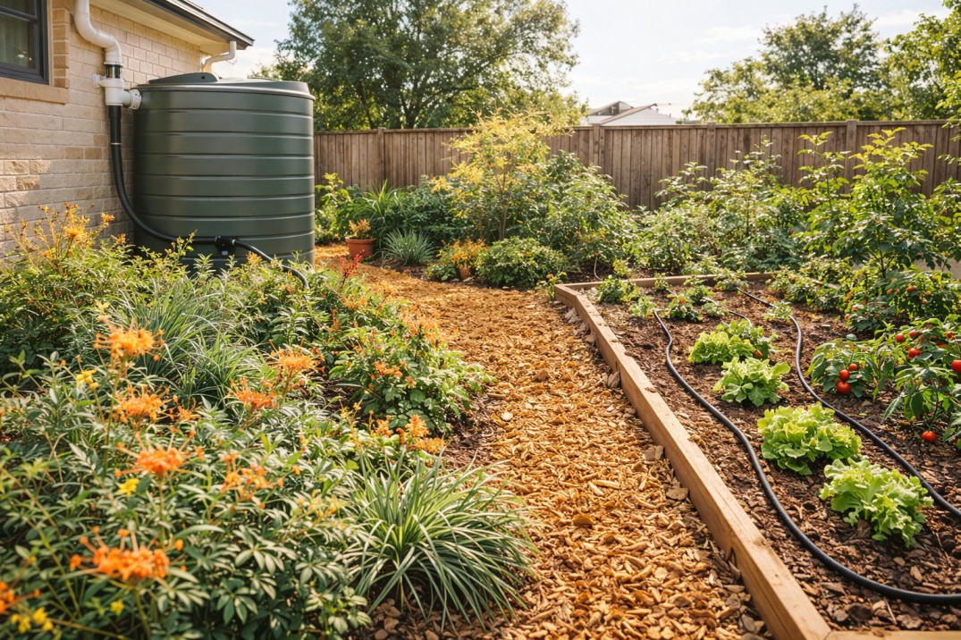 A thriving, water-efficient Australian backyard featuring native plants, drip irrigation, mulch, and a rainwater tank.