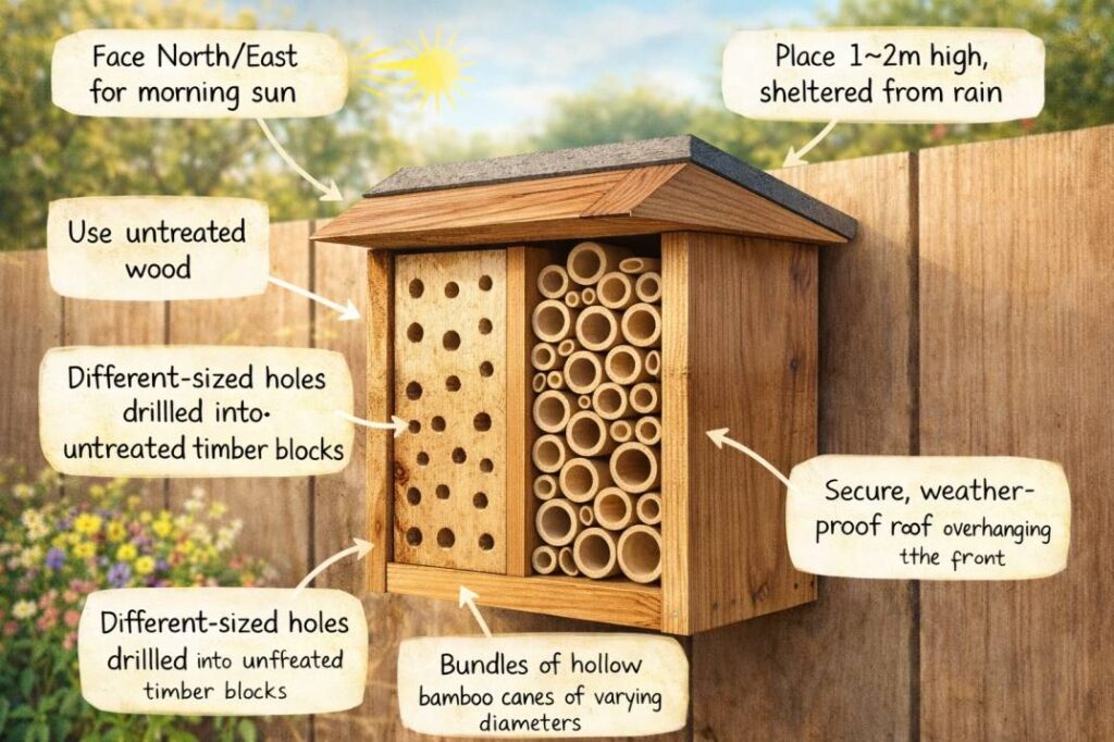 How to build and position the perfect native bee habitat to attract pollinators Australia and support solitary bees.