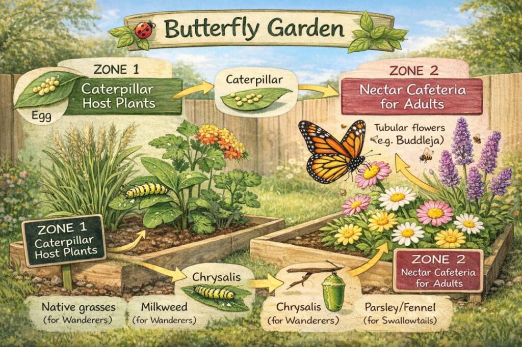 Create a complete garden for butterflies: grow host plants and nectar flowers together to attract pollinators Australia through their full lifecycle.