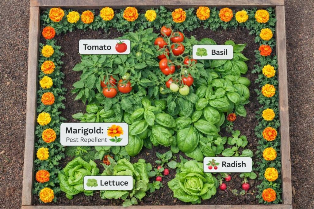 A practical garden bed layout diagram for companion planting Australia, showing how to interplant vegetables, herbs, and flowers.