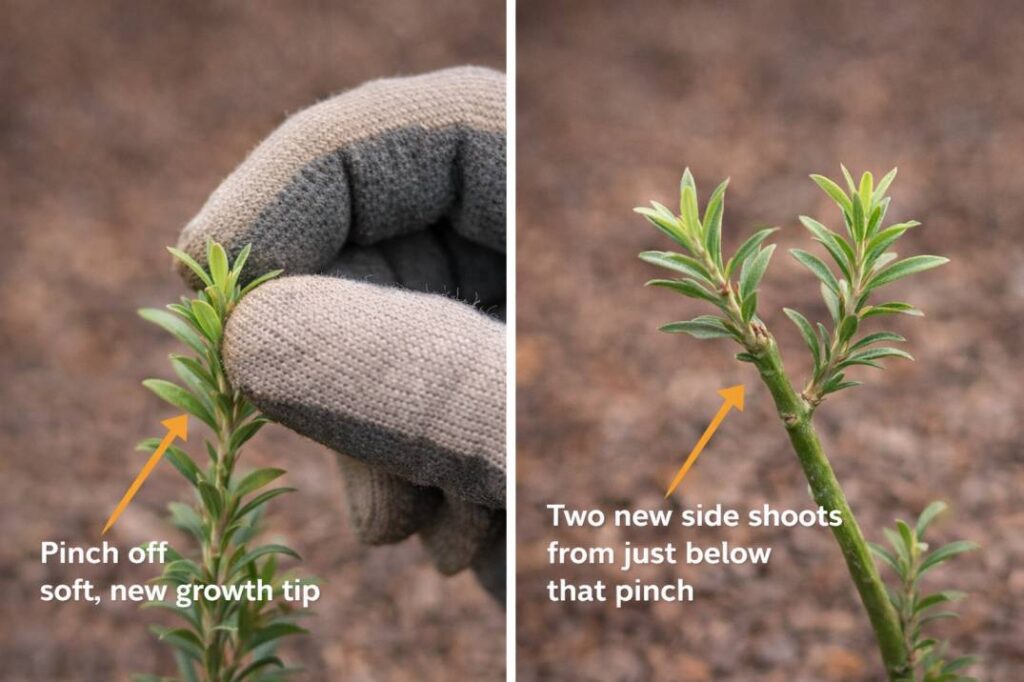 How to tip prune Australian natives: pinching soft new growth to encourage dense, bushy side shoots.