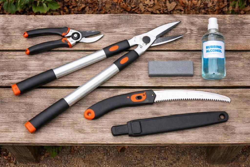 Essential toolkit for pruning Australian natives: sharp bypass secateurs, loppers, a saw, and disinfectant for clean, healthy cuts.