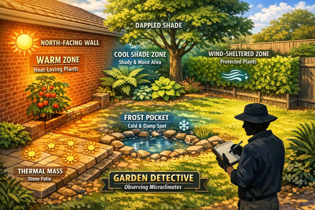 Learn to identify and use garden microclimates Australia: a visual guide showing warm walls, cool shade, windbreaks, and frost pockets in a typical backyard.
