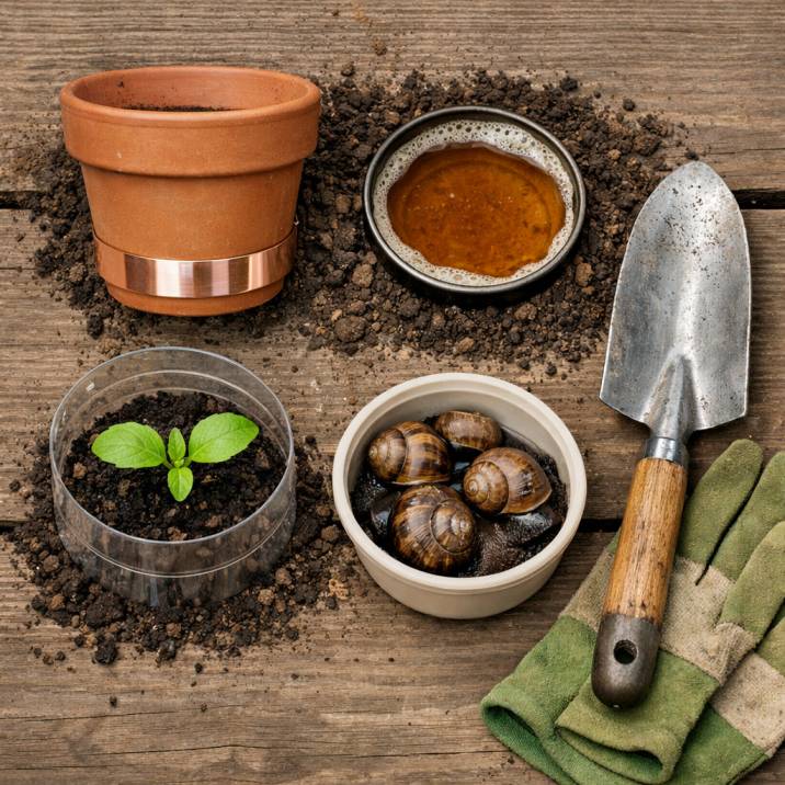A toolkit for natural snail control in Australia, featuring beer traps, copper tape, and physical barriers as part of an organic pest control strategy.