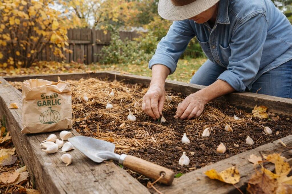 A gardener following their monthly garden tasks in Australia, planting garlic in autumn as part of a seasonal schedule.