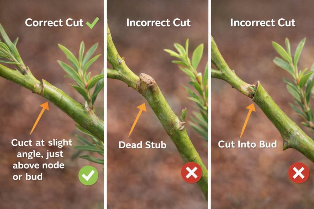 Master the pruning technique: a diagram showing the correct angle and placement for cutting just above an outward-facing bud on Australian natives.