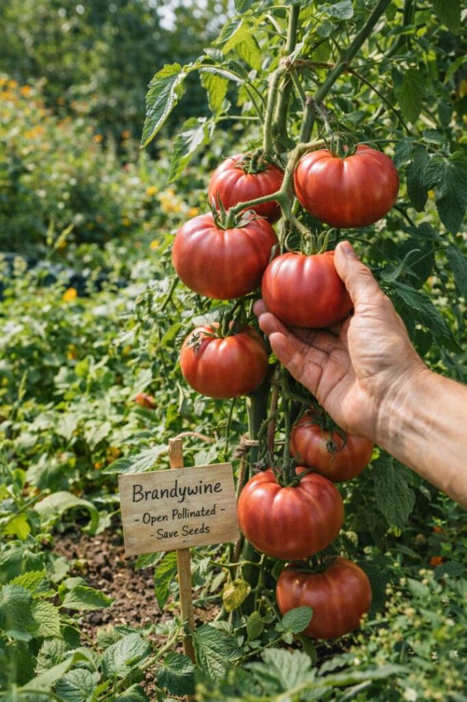 Step 1 of saving seeds Australia: selecting a healthy, open-pollinated heirloom tomato plant as your seed parent for true-to-type next generation.