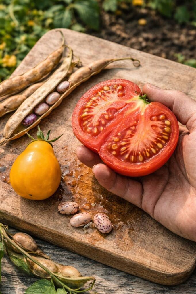 Step 2 of saving seeds Australia: harvesting fully ripe tomatoes and mature bean pods at the perfect moment for viable seed collection.