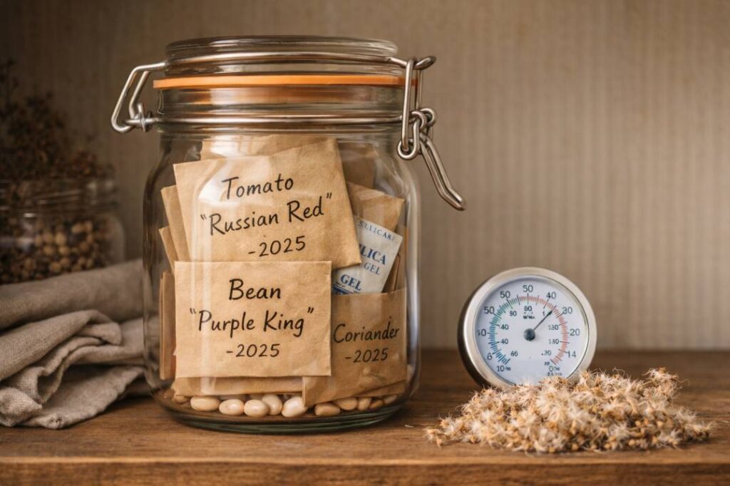 Step 5 of saving seeds Australia: proper seed storage using airtight glass jars, silica gel, and labelled envelopes in a cool, dark cupboard for long-term viability.