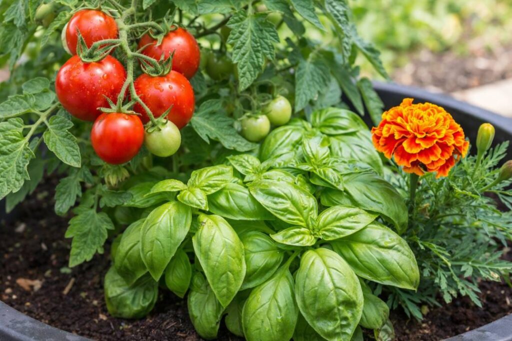 A perfect example of vegetable plant companions in Australia: tomatoes, basil, and marigolds growing together for health and flavour.

