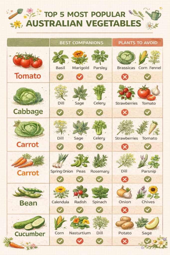 A handy visual companion planting chart for Australia, showing the best and worst neighbours for tomatoes, cabbages, carrots, and more.