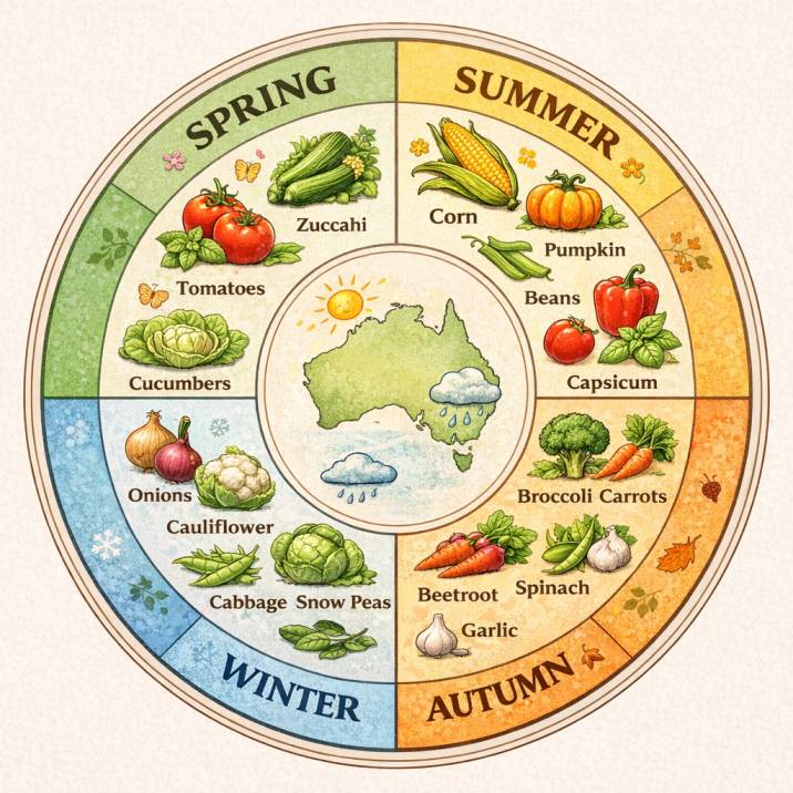 An easy-to-follow circular seasonal planting guide Australia, showing what to plant in each quarter of the year.


