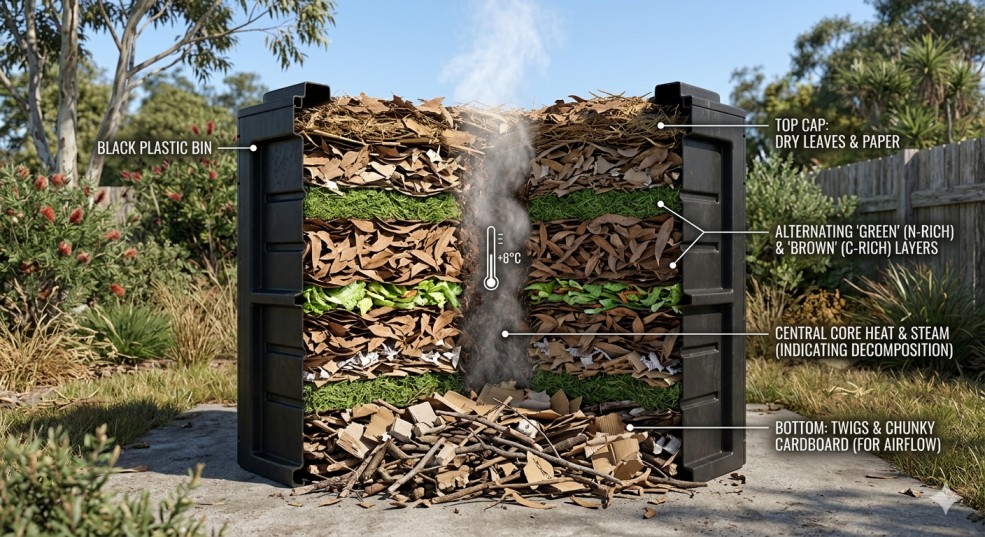 Cross section diagram showing how to layer greens and browns in a compost soil DIY bin for optimal aeration.
