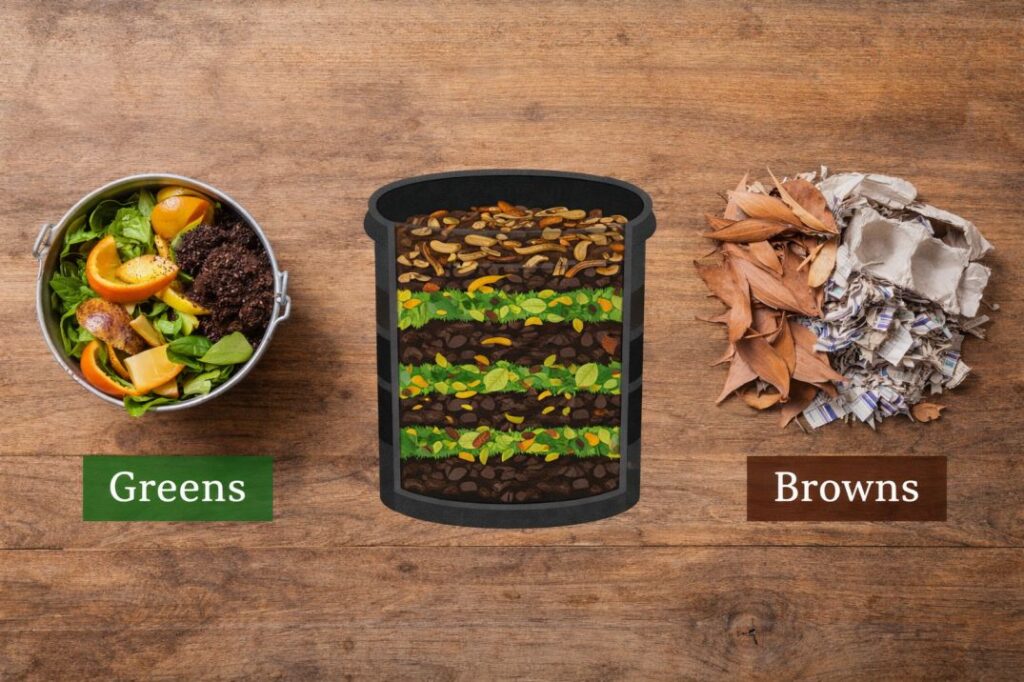 Visual guide showing brown leaves and green veggie scraps layered in a bin while using a compost bin.