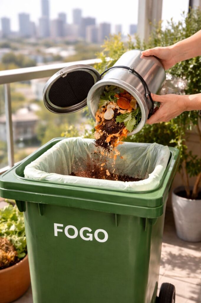 Person emptying kitchen compostable compost bin into an Australian council FOGO bin on a balcony.


