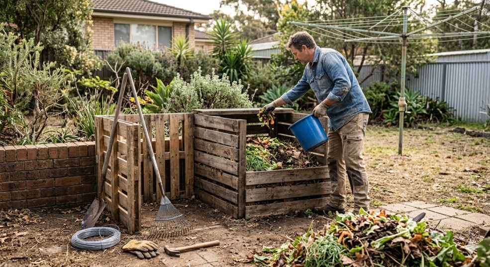DIY yard waste compost bin made from wooden pallets