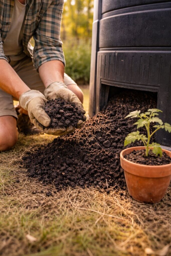 Harvesting finished compost from the bottom hatch while using a compost bin in a home garden.