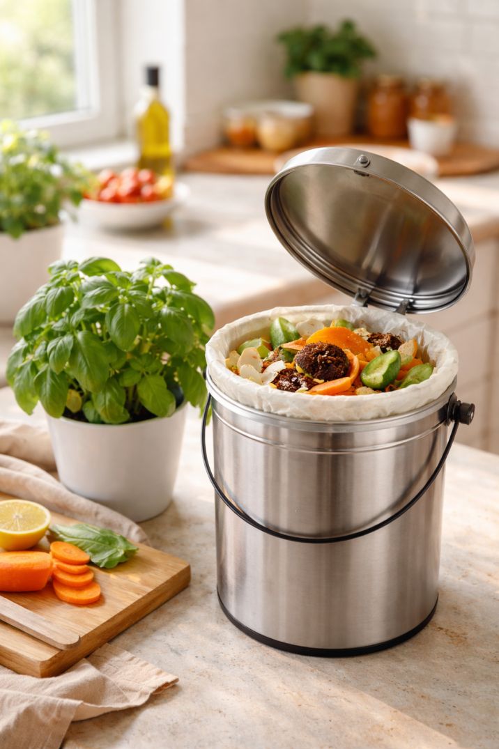 Stainless steel compostable compost bin filled with fresh kitchen scraps on an Australian kitchen counter.