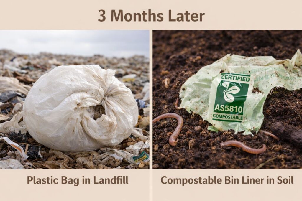 Comparison showing how a compostable compost bin liner breaks down into soil while plastic remains in landfill waste.

