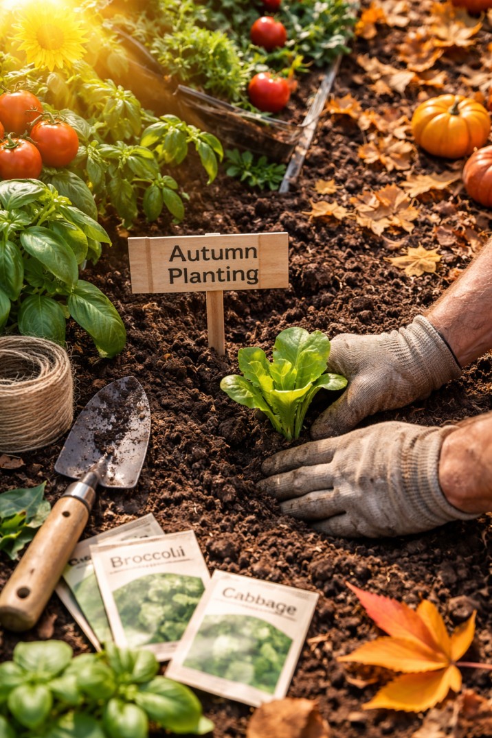 Gardening tips Australia seasonal planting guide showing hands planting seedlings in autumn soil