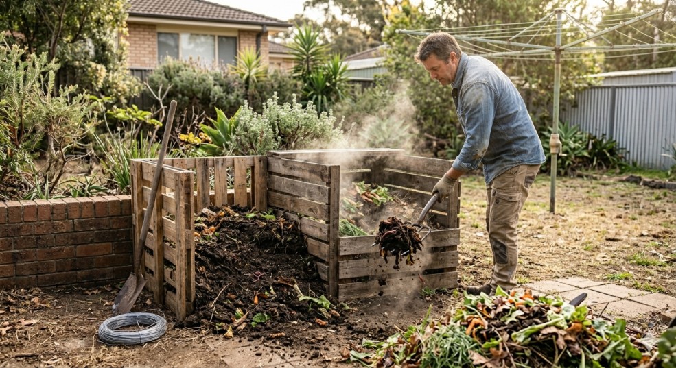 person turning yard waste compost bin to speed up composting