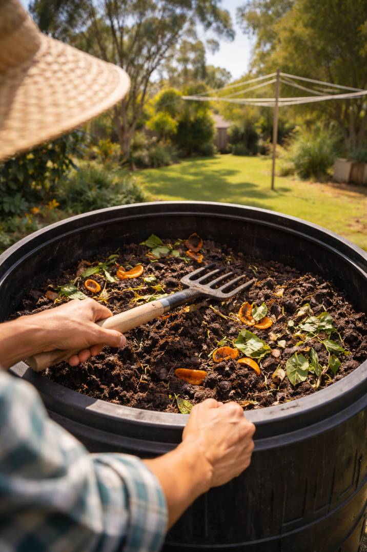 Close up of a gardener using a compost bin filled with rich dark soil and veggie scraps in an Australian backyard.