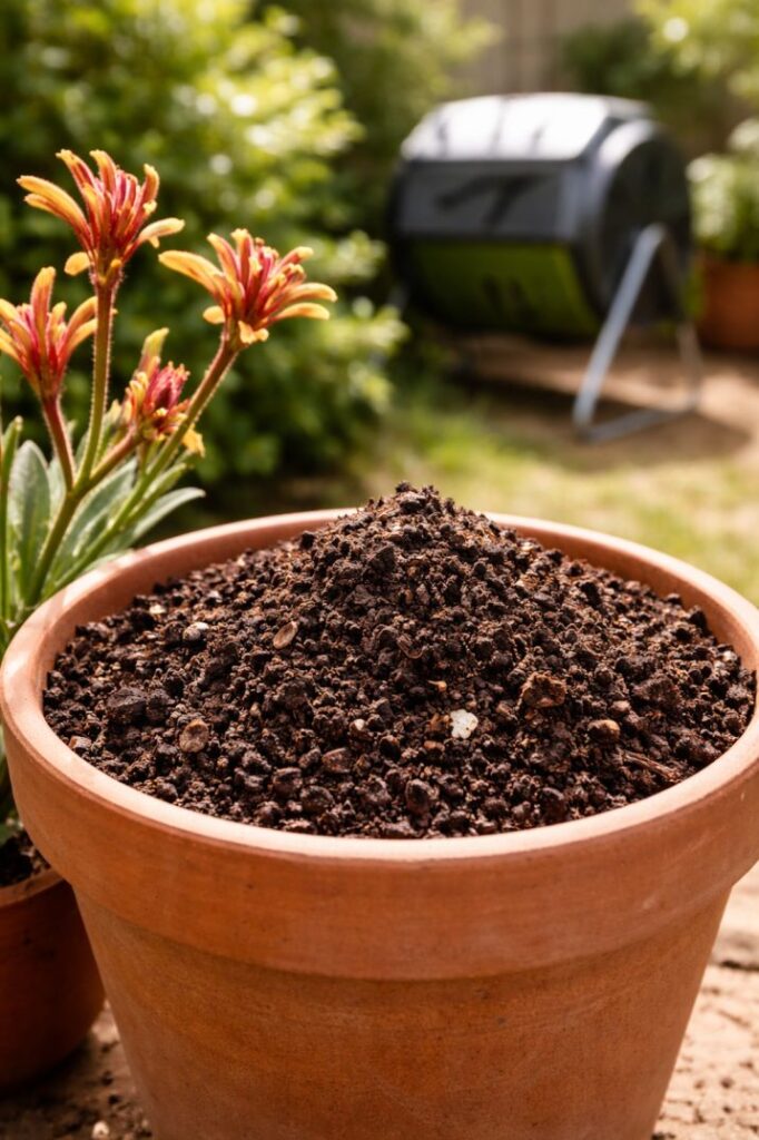 Rich finished compost produced from a compostable compost bin system used in a sustainable Australian garden.

