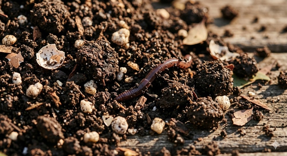Close up macro texture of finished compost soil DIY showing dark crumbly consistency and healthy earthworm.