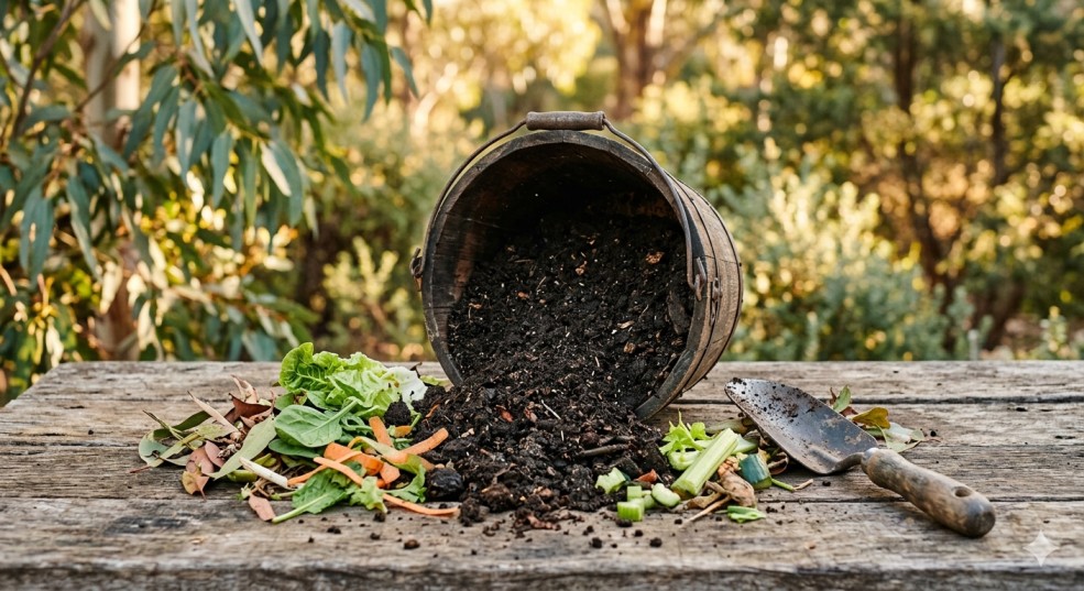 Hands holding finished compost soil DIY from a home bin, rich organic texture ready for Australian garden beds.
