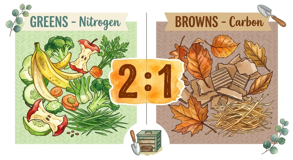 Visual guide showing the 2 to 1 ratio of browns to greens needed for successful compost soil DIY.