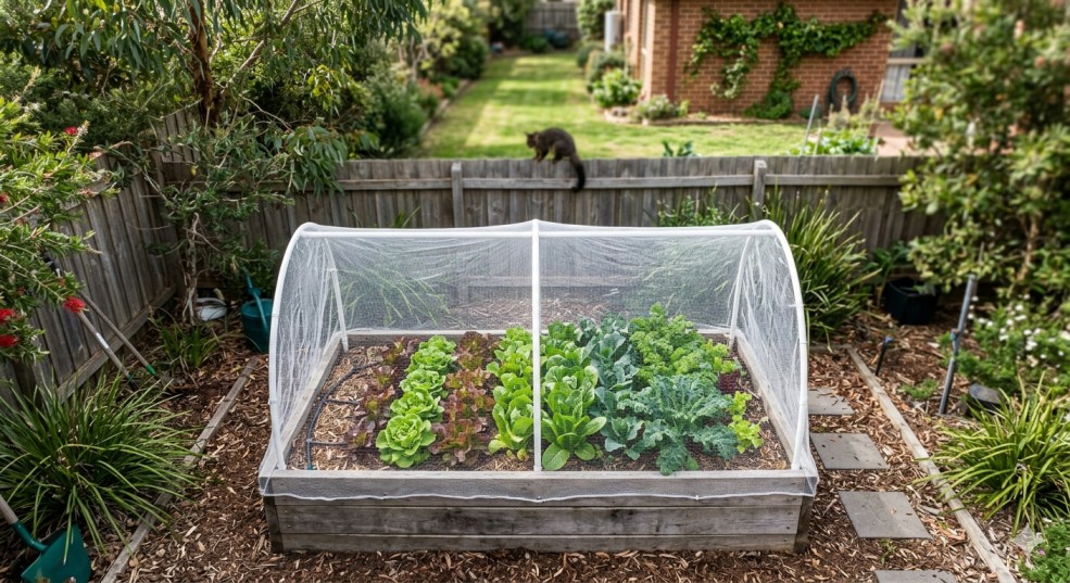 Pest control gardening tips Australia vegetable garden protected with possum netting frame

