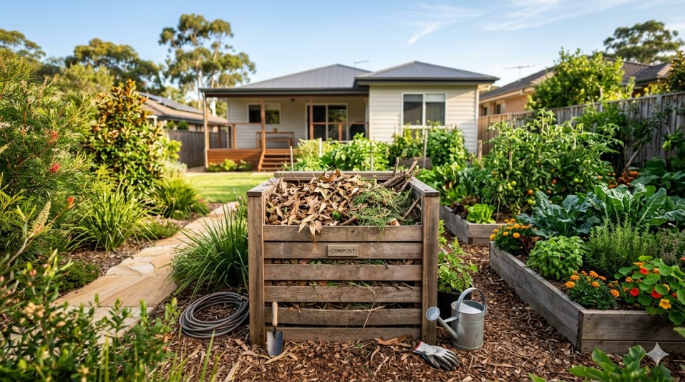 yard waste compost bin in an Australian backyard garden