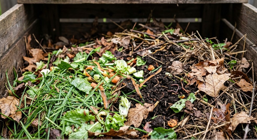 yard waste compost bin with green and brown compost layers