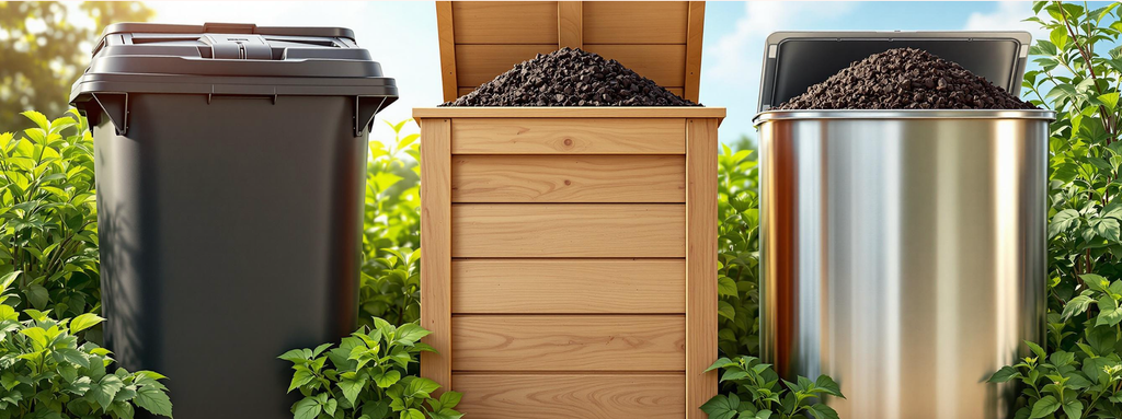 Comparison of compost bin materials: plastic, wood, metal, and mesh